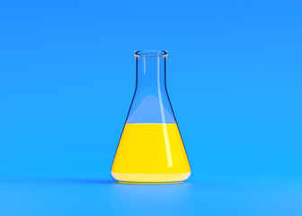 Erlenmeyer flask with yellow liquid on blue background. Chemistry flask, Laboratory glassware, equipment. Minimal concept. 3d rendering illustration