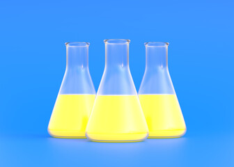Three erlenmeyer flask with yellow liquid on blue background. Chemistry flask, Laboratory glassware, equipment. Minimal concept. 3d rendering illustration