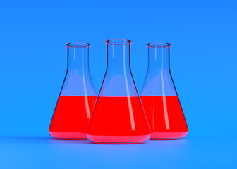 Three erlenmeyer flask with red liquid on blue background. Chemistry flask, Laboratory glassware, equipment. Minimal concept. 3d rendering illustration