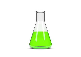 Erlenmeyer flask with green liquid isolated on white background. Chemistry flask, Laboratory glassware, equipment. Minimal concept. 3d rendering illustration