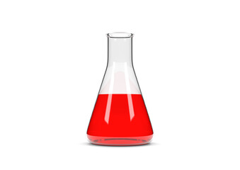 Erlenmeyer flask with red liquid isolated on white background. Chemistry flask, Laboratory glassware, equipment. Minimal concept. 3d rendering illustration