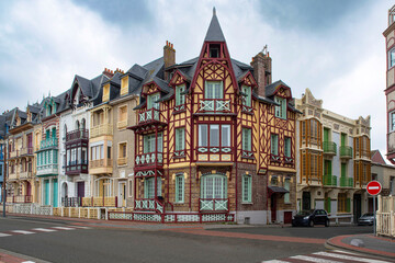 Old, colourful and typical seaside houses in the town of Mer-les-Bains in France