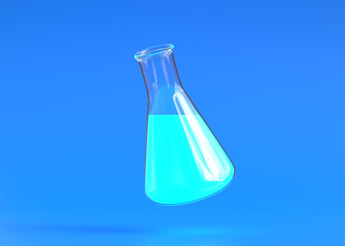 Erlenmeyer flask with blue liquid flies on blue background. Chemistry flask, Laboratory glassware, equipment. Minimal concept. 3d rendering illustration