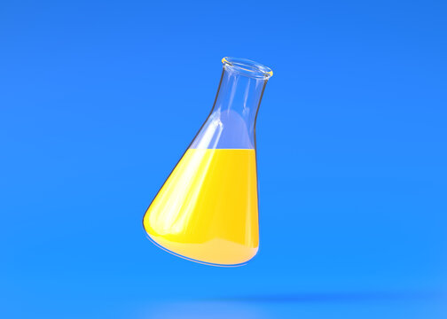 Erlenmeyer flask with yellow liquid flies on blue background. Chemistry flask, Laboratory glassware, equipment. Minimal concept. 3d rendering illustration