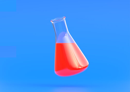 Erlenmeyer flask with red liquid flies on blue background. Chemistry flask, Laboratory glassware, equipment. Minimal concept. 3d rendering illustration