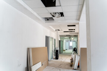 Interior of renovative empty corridor. Inside renovation architecture design.