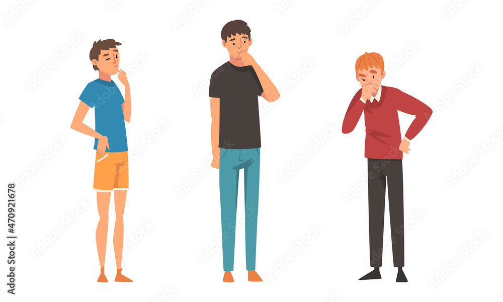 Aufkleber thoughtful man character scratching head having question thinking over the matter vector set