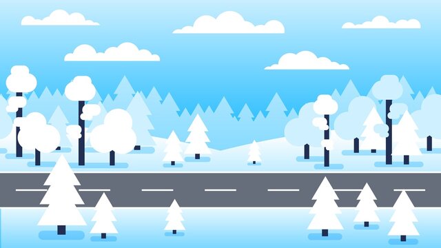 Winter forest snowy landscape with road. Vector illustration.