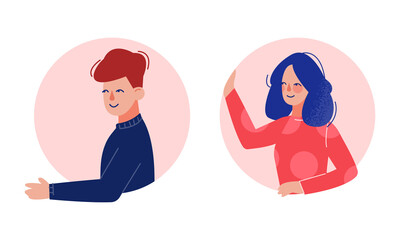 Young Man and Woman Looking Out of Round Frame Vector Set