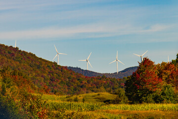 wind turbines along ridge line above  forest in autumn colors and field of golden corn ready for...