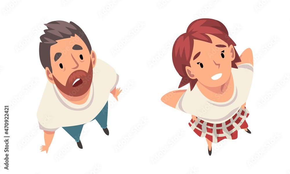 Poster man and woman character looking up view from above vector set