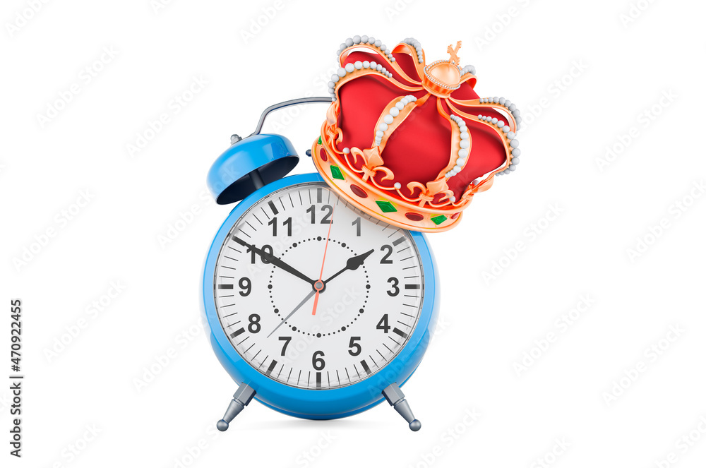Poster alarm clock with golden crown, 3d rendering