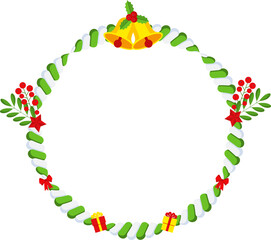 Round Christmas frame. Garland with red bow and strip ribbon