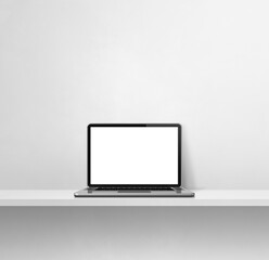 Laptop computer on white concrete shelf. Square background