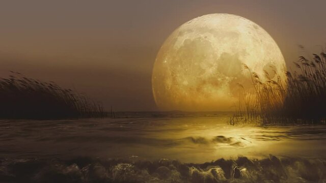 Giant magical yellow moon reflecting in the waters of lake or sea. Scenic romantic background.