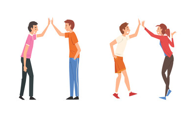 Cheerful Man and Woman Character Giving High Five Hand Gesture Greeting or Supporting Each Other Vector Set