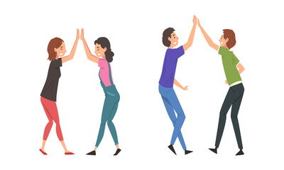 Obraz premium Cheerful Man and Woman Character Giving High Five Hand Gesture Greeting or Supporting Each Other Vector Set