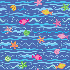 Obraz premium Marine seamless pattern with sea ​​waves, colorful fish, starfish, seashells and air bubbles on dark blue background. Cute children's design for textile, wallpaper and gift wrap.