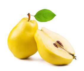 Ripe fruits of a quince and a half of a quince isolated on a white background. Fresh fruits.