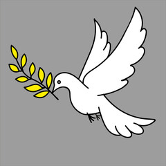 Hand-drawn black vector illustration of one dove with a branch is flying on a gray background
