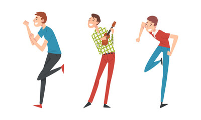 Cheerful Man Dancing and Playing Guitar Having Party Vector Set