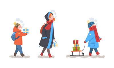 Winter Holiday with People Character Carrying Wrapped Gift Box Vector Set