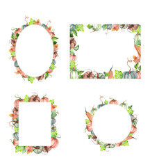 Set of watercolor frames with pumpkins and foliage. Border from multi-colored ripe pumpkins. Watercolor autumn frames