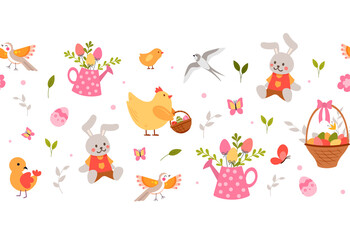 Set of easter. Collection of stickers for holidays. Rabbits and eggs. Bright icons for children. Birp, plant, watering can, flower. Cartoon flat vector illustrations isolated on white background