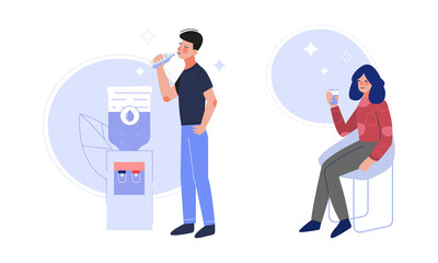 Young Man and Woman Drinking Clean and Pure Potable Water Quenching Thirst Vector Set