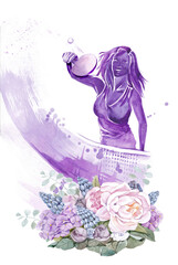 Tennis player hits  ball with  racket near  net;  athlete in flowers.Watercolor illustration in purple tones.