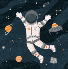 Cosmonaut in space. Traveler, modern technologies, stars, galaxy, planets. Character in spacesuit rejoices against background of space. Graphic elements for site. Cartoon flat vector illustration