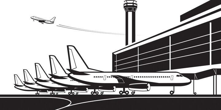 Passenger aircrafts at airport terminal - vector illustration