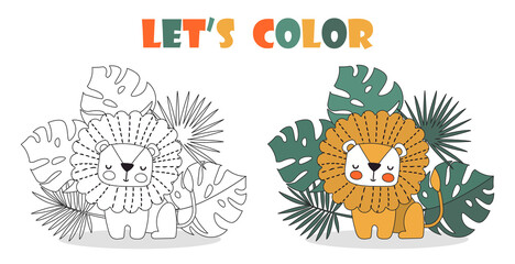 Coloring book page. Materials for children, development of creative abilities, pictures for little artists. Lion in jungle, character on background of foliage. Cartoon flat vector illustration