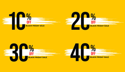 Yellow banner with white details for Black Friday sales with 10, 20, 30 and 40 percent discounts.