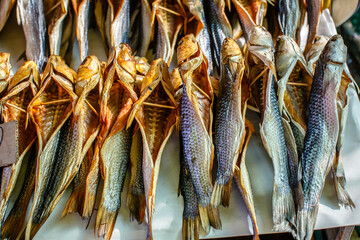 Dried fish on display in a traditional market 