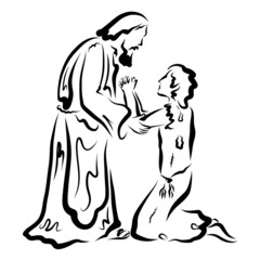 return of the prodigal son, asks for forgiveness from his father, kneeling in rags