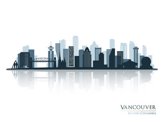 Vancouver skyline silhouette with reflection. Landscape Vancouver, British Columbia. Vector illustration. - obrazy, fototapety, plakaty