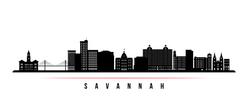 Savannah skyline horizontal banner. Black and white silhouette of Savannah, Georgia. Vector template for your design.