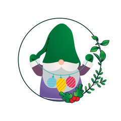 Gnome character in christmas floral frame 04