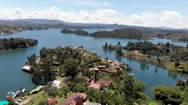 Aerial panoramic view of the hydroelectric reservoir and lakes of El Pe&ntilde;ol de Guatape, in Medellin, Colombia.	
