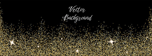 Sparkling falling gold dust on black background. Vector horizontal background with glitter and space for text
