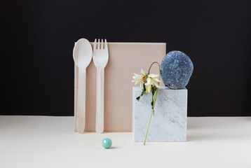 Geometric minimalist mockup with natural nature materials: plant, marble, clay, isometric set, copy space and a podium or stand for your design, zero waste and eco friendly concept
