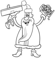 Santa Claus with graphics card and game console coloring book page