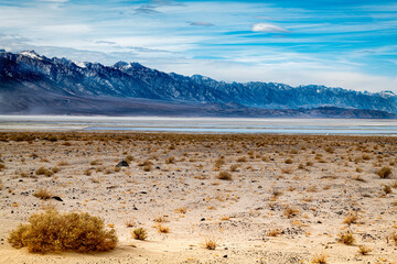 Owens Valley, California, with view of Owens Lake and snowcapped Eastern Sierra Nevada Mountains