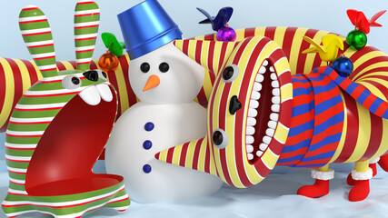 2022 Year of The Tiger banner. New Year, cartoon symbol of Year, tiger and snowman. chinese holidays. 3d render