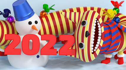 2022 Year of The Tiger banner. New Year, cartoon symbol of Year, tiger and snowman. chinese holidays. 3d render
