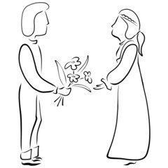 Young man gives a woman a bouquet of wild flowers, folk style