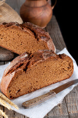 Sourdough bread close-up. Freshly baked round bread with a crust. Homemade sourdough bread.