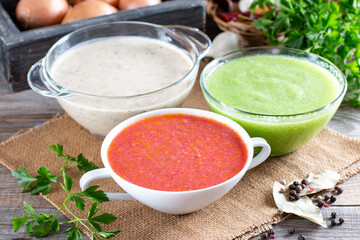 Frozen soup in a container. Frozen food