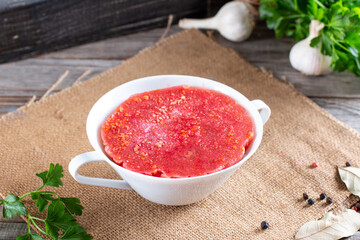 Frozen soup in a container. Frozen food